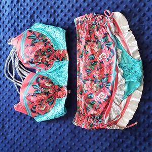 Teal and Coral Floral Bikini Set